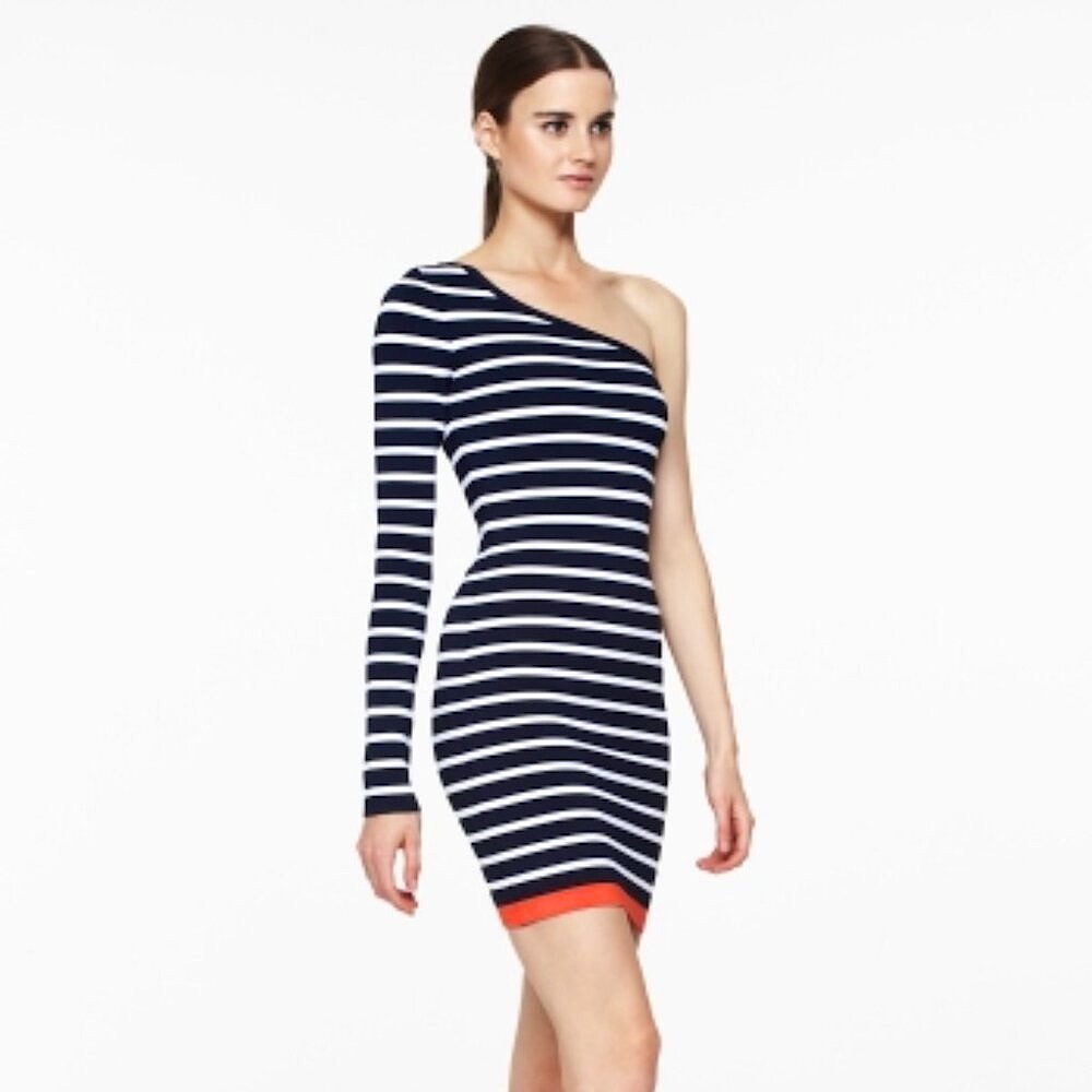 BCBG MAXAZRIA | Asymmetrical Navy White Combo Striped & Coral Red Bodycon Dress